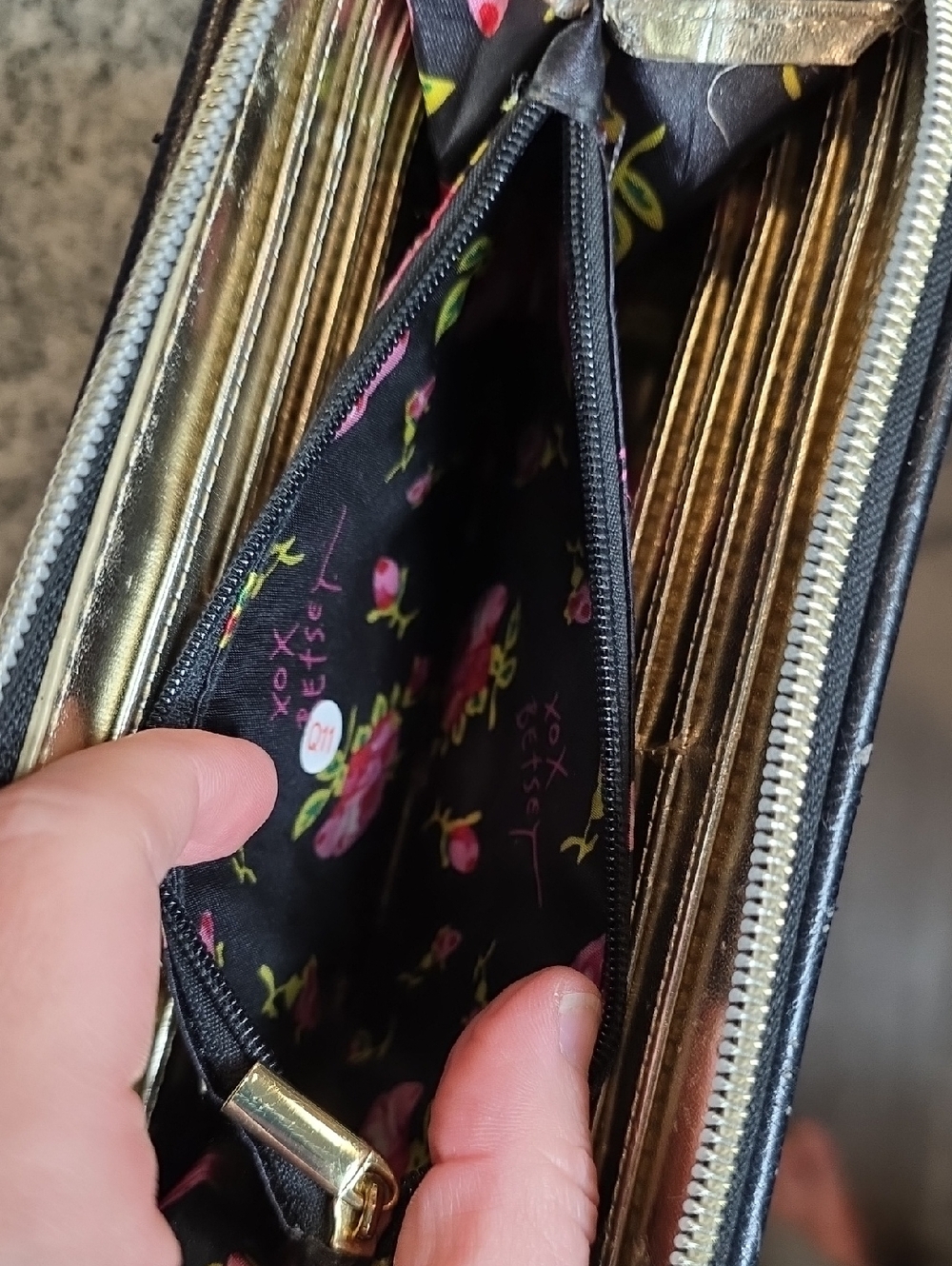 Betsey Johnson Black Floral Zip-Around Wallet with Pink & Blue Roses - Picture 4 of 5